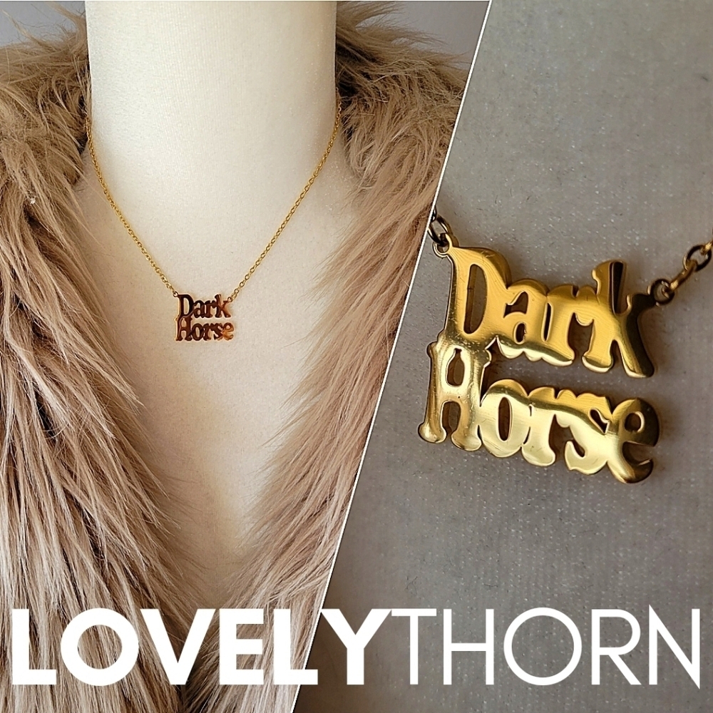 LOVELYTHORN // custom dark horse 18K gold-plated 16" stainless steel namplate
